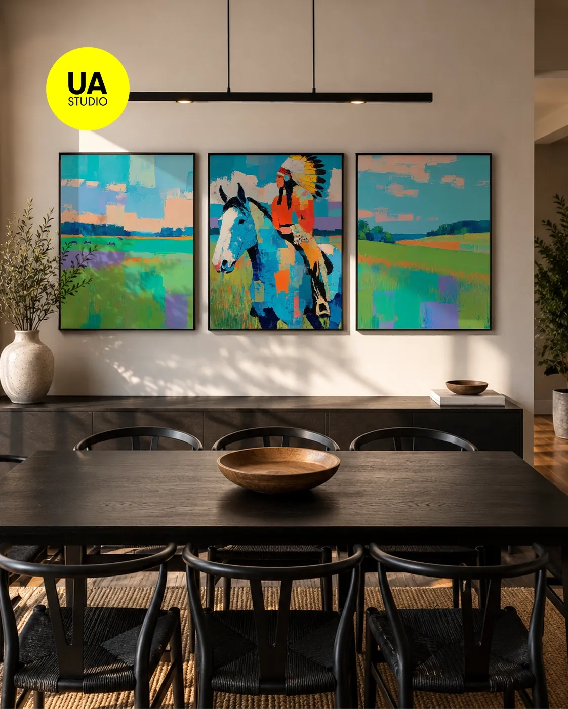 KIT 3 QUADROS DECORATIVOS - CACIQUE COLINA COM BOI